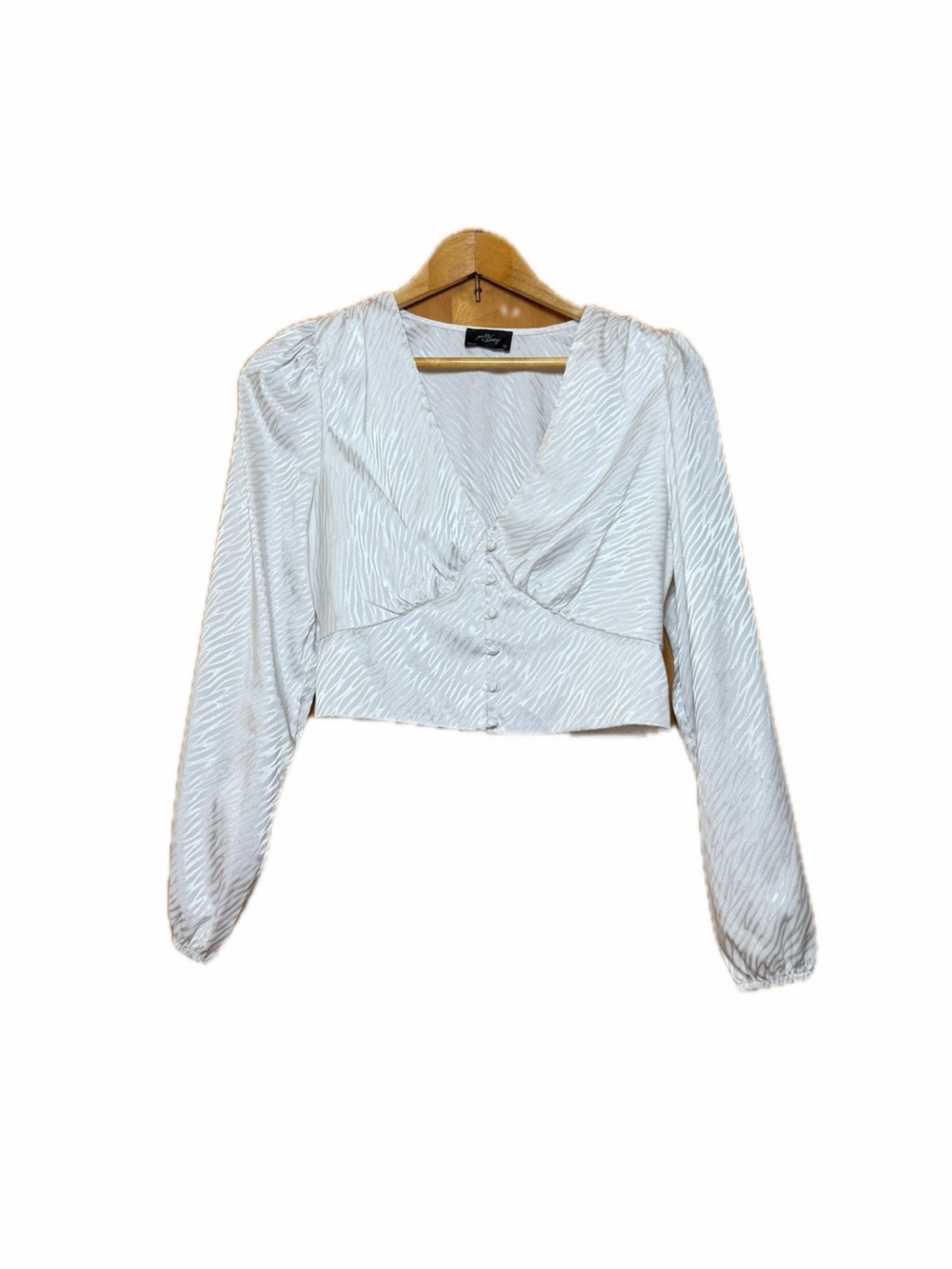Cropped Ivory Textured V-Neck Button-Front Blouse